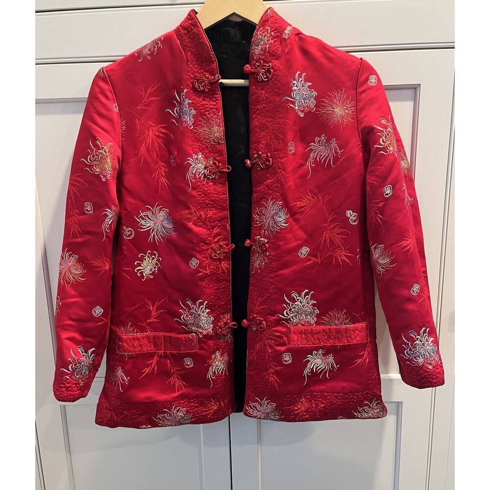 Vintage PEONY Brand Shanghai reversible satin asian jacket red black Sz. M